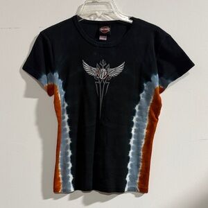 Harley-Davidson Women's Black and Orange Tie-Dye Tee